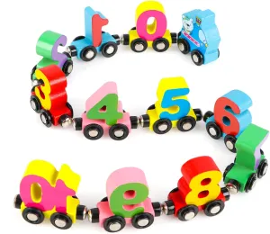 Wondertoys Wooden Magnetic Number Train Set - 12 PCS With 1 Engine Car for Toddlers Boys and Girls - Compatible With Major Brands Tracks