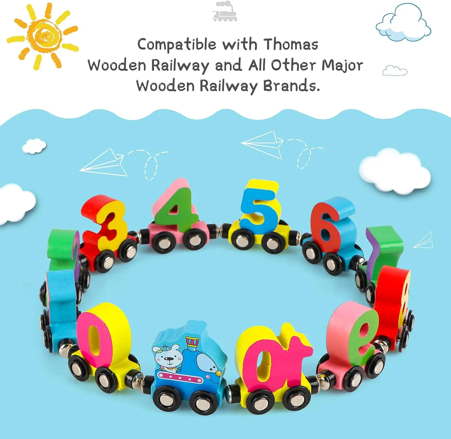 Wondertoys Wooden Magnetic Number Train Set - 12 PCS With 1 Engine Car for Toddlers Boys and Girls - Compatible With Major Brands Tracks