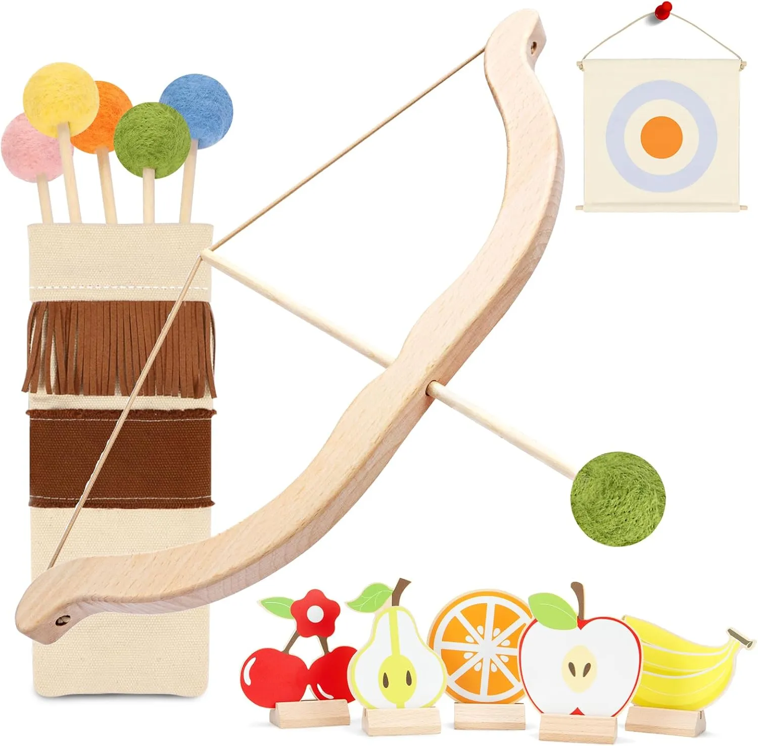 Wooden Kids Bow and Arrow Set - Safe for Ages 3 , Indoor & Outdoor Archery Gift Toys for Children, Boys & Girls, Includes 5 Arrows, 5 Fruit Targets, 1 Cotton Quiver