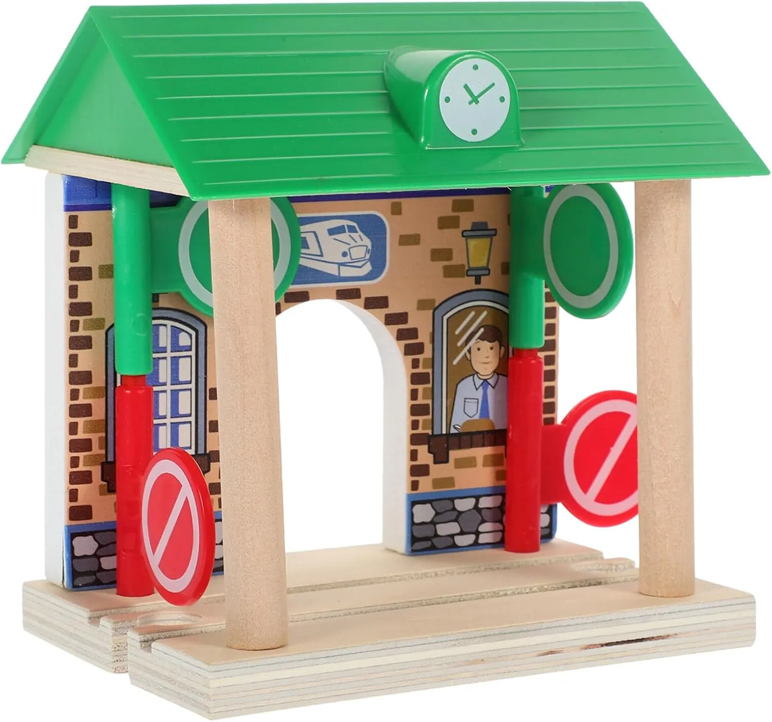 Wooden Railway Station, Wooden Railway Toy Train Set Wooden Train Track Railway Building Scene Layout Accessory for Kids Boys and Girls