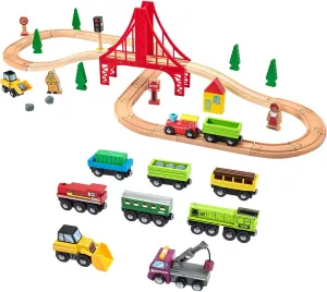 Wooden Train Set 40Pcs & Wooden Train Cars 8Pcs Toys