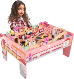 Wooden Train Set - 75-Piece Play Set with Tracks, Vehicles, Buildings, Characters, Illustrated Playing Surface, and Activity Table by Hey Play (Pink)