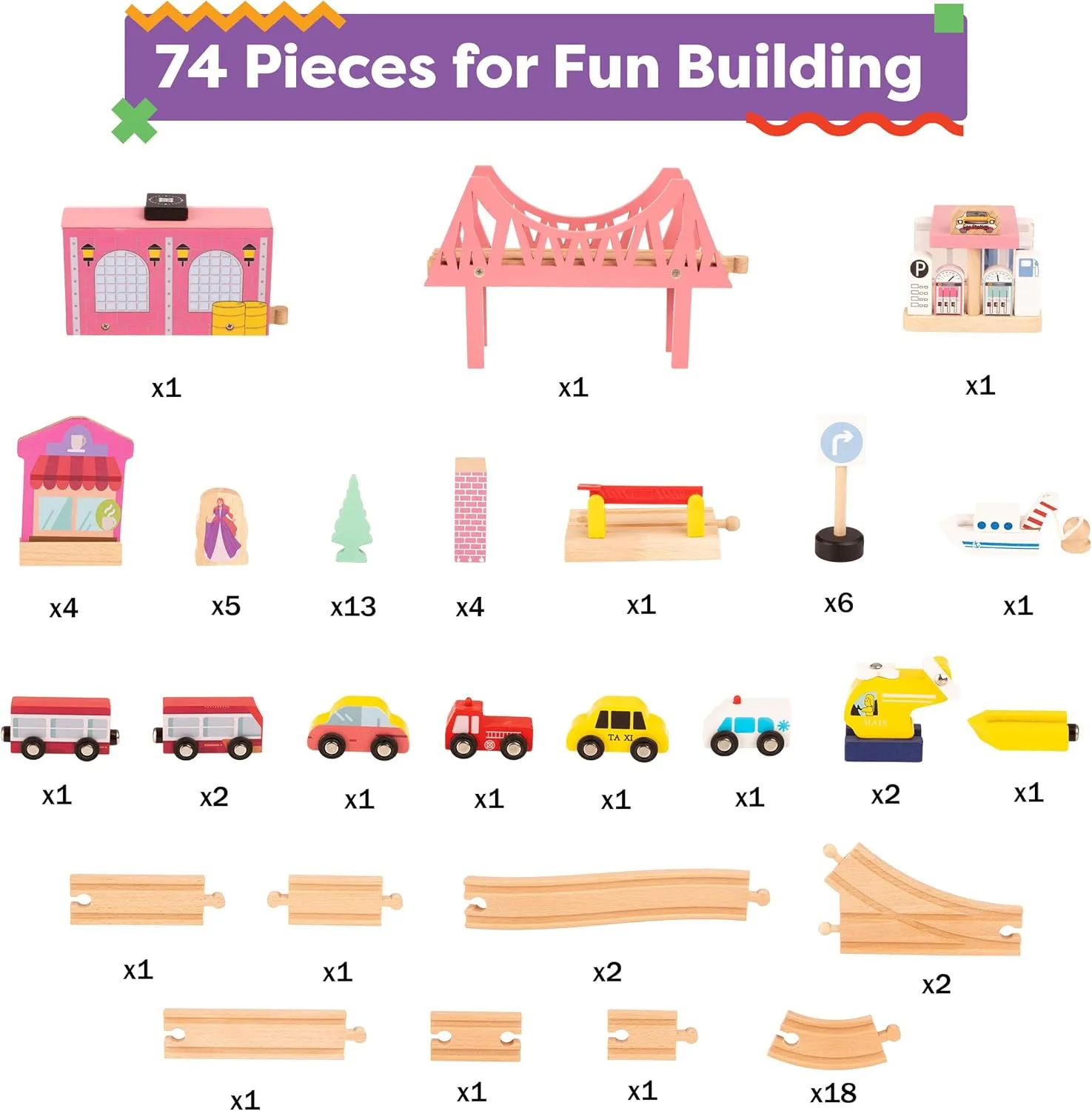 Wooden Train Set - 75-Piece Play Set with Tracks, Vehicles, Buildings, Characters, Illustrated Playing Surface, and Activity Table by Hey Play (Pink)