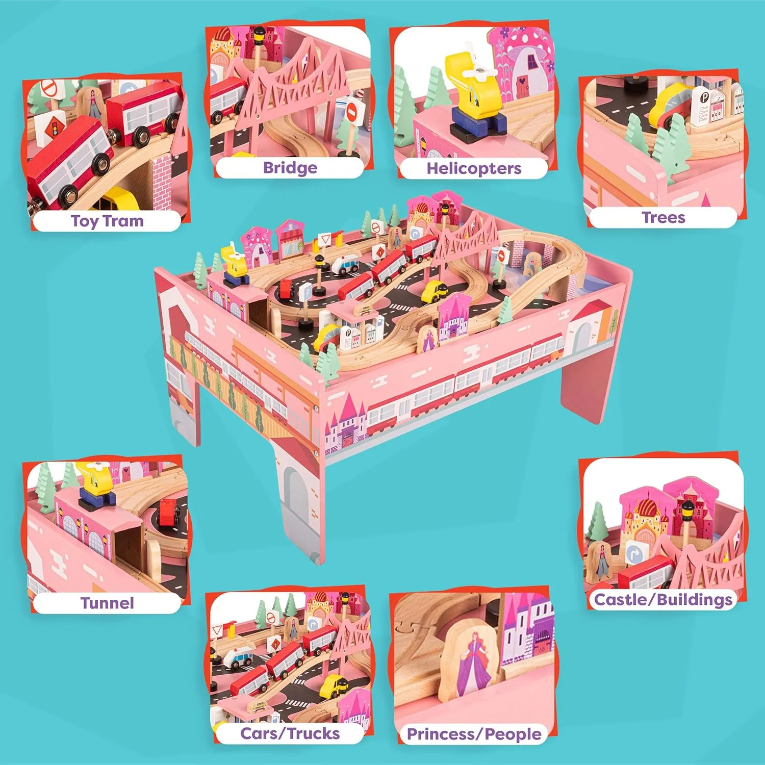 Wooden Train Set - 75-Piece Play Set with Tracks, Vehicles, Buildings, Characters, Illustrated Playing Surface, and Activity Table by Hey Play (Pink)