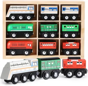 Wooden Train Set 9 PCS - Train Toys Magnetic Set Includes 3 Engines - Toy Train Sets for Kids Toddler Boys and Girls - Compatible with All Major Brands