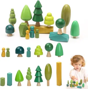 Wooden Tree Toy Set - 14 Piece Natural Wooden Sorting, Stacking, Balancing Stones & Mini Trees for Home Decor, Cake Toppers & Montessori Toys