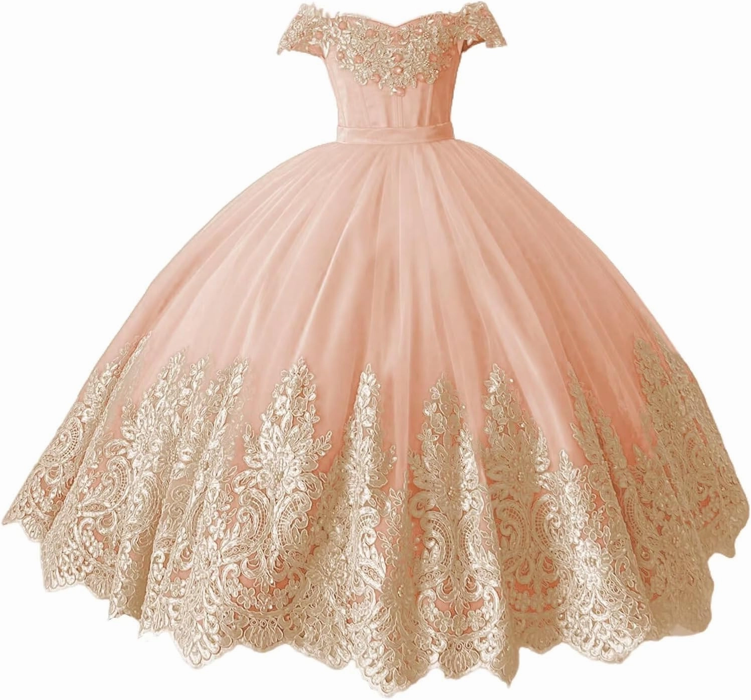XYAYE Off Shoulder Flower Girl Dresses for Wedding Gold Lace Kids First Communion Dress Puffy Tulle Girls Ball Gown