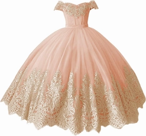 XYAYE Off Shoulder Flower Girl Dresses for Wedding Gold Lace Kids First Communion Dress Puffy Tulle Girls Ball Gown