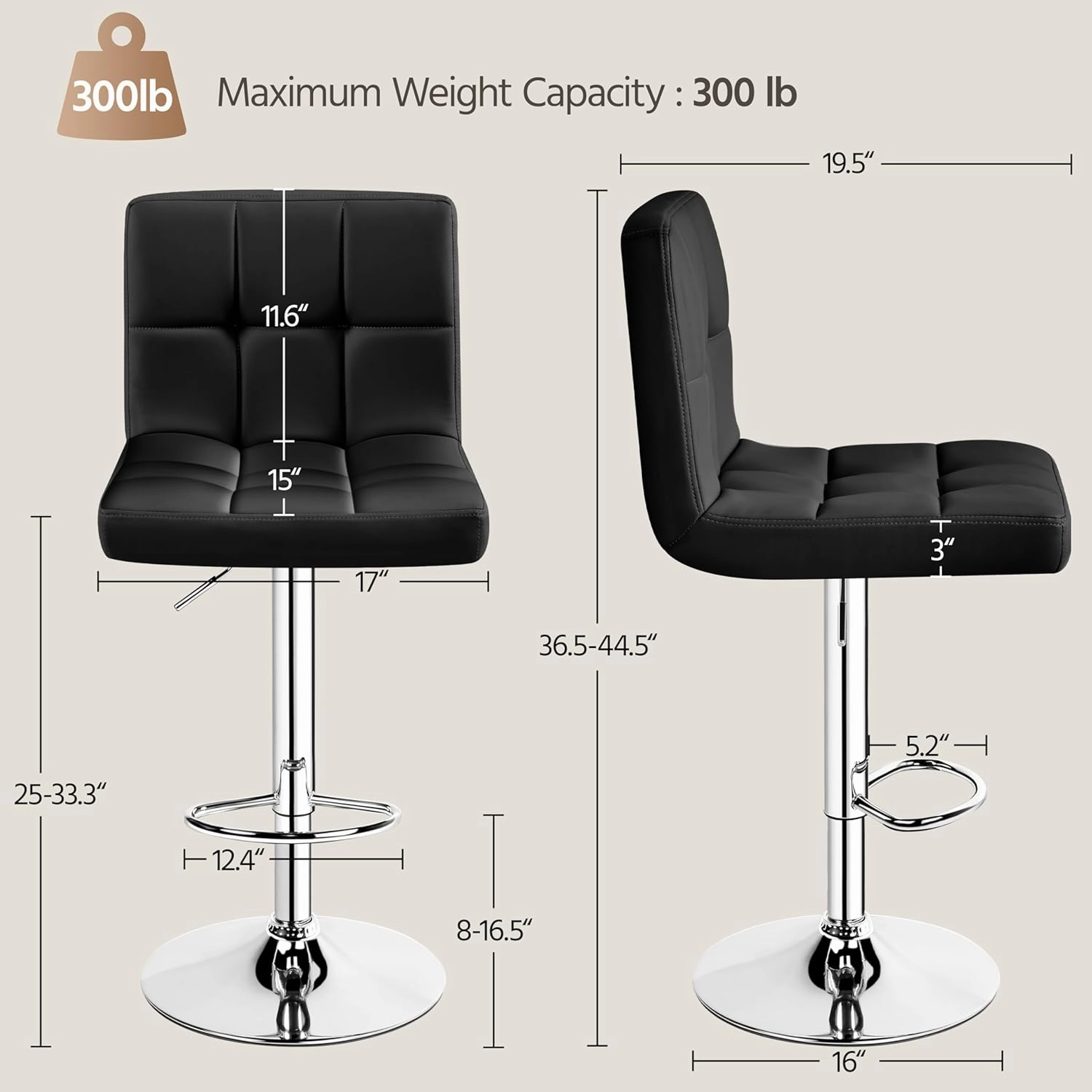 Yaheetech Bar Stools Set of 2, Adjustable PU Leather Swivel Barstools, Modern Counter Stools with Back and Footrest, Counter Height Barstools for Bar, Kitchen, Dining Room, Black