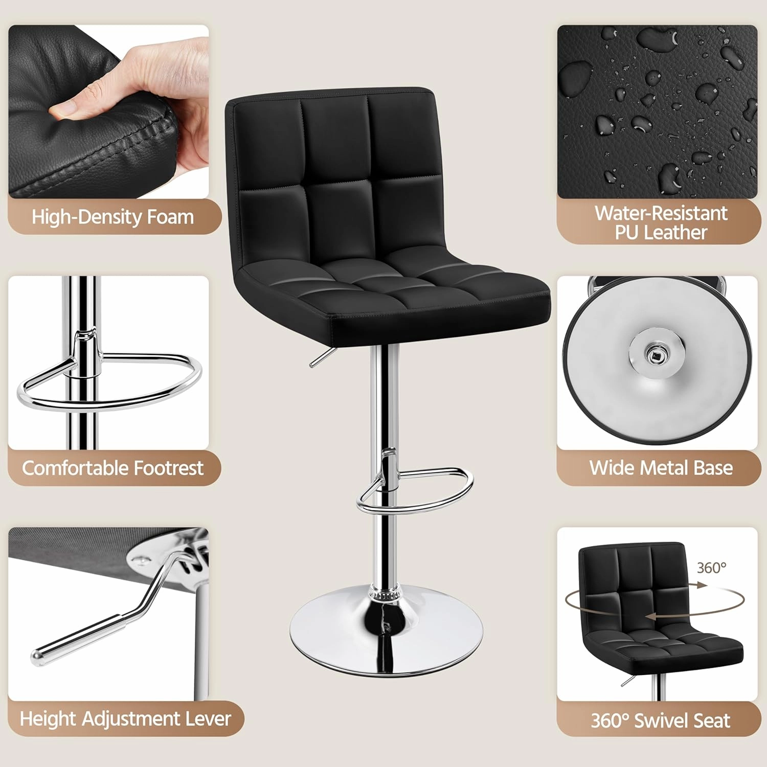 Yaheetech Bar Stools Set of 2, Adjustable PU Leather Swivel Barstools, Modern Counter Stools with Back and Footrest, Counter Height Barstools for Bar, Kitchen, Dining Room, Black