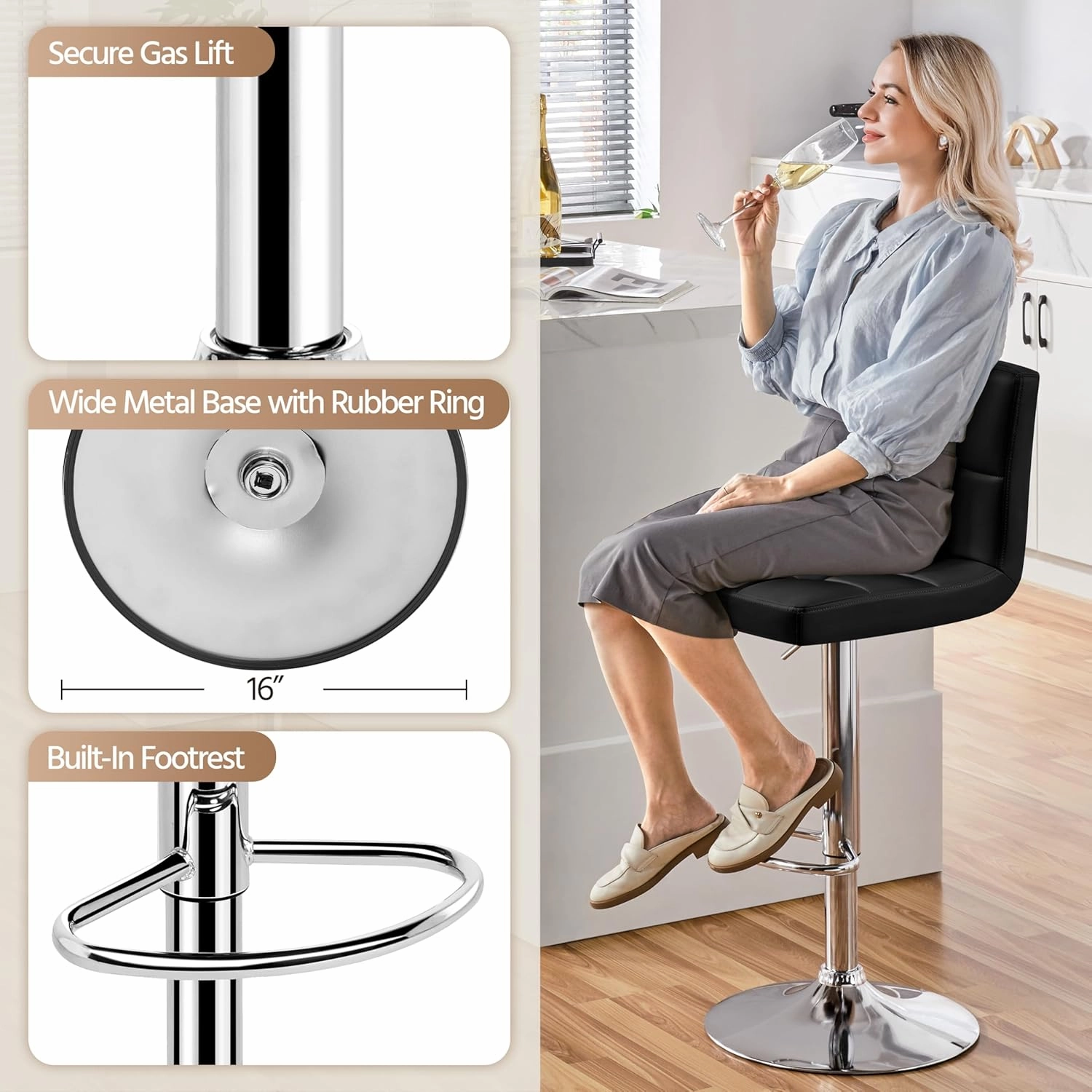 Yaheetech Bar Stools Set of 2, Adjustable PU Leather Swivel Barstools, Modern Counter Stools with Back and Footrest, Counter Height Barstools for Bar, Kitchen, Dining Room, Black
