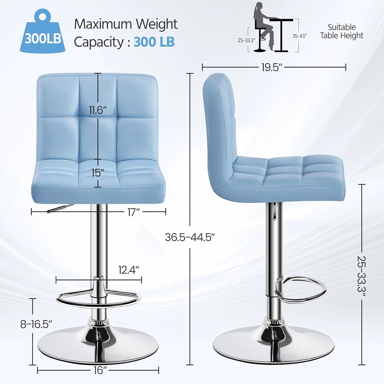 Yaheetech Bar Stools Set of 2, Adjustable PU Leather Swivel Barstools, Modern Counter Stools with Back and Footrest, Counter Height Barstools for Bar, Kitchen, Dining Room, Blue