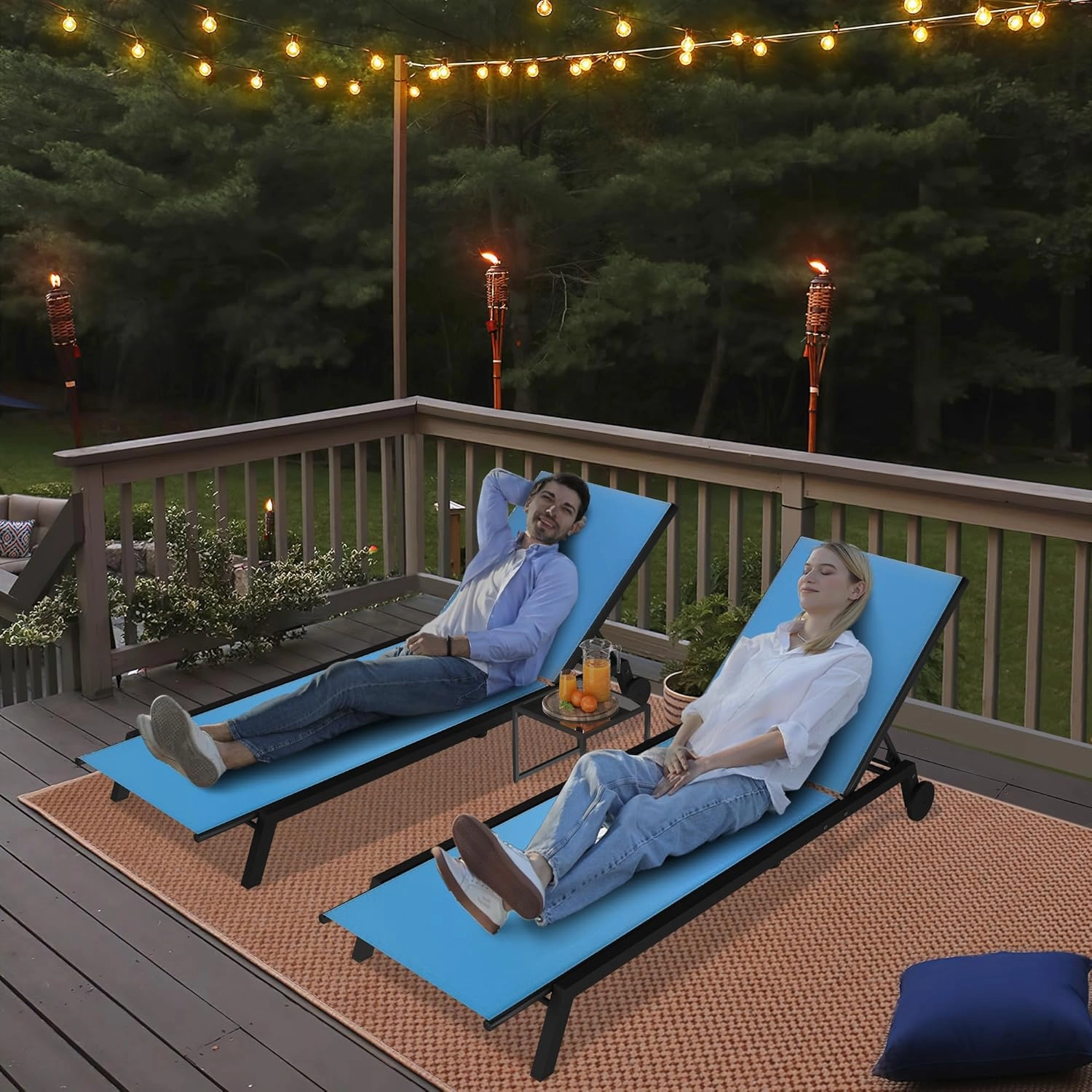 YITAHOME Outdoor Chaise Lounge Chairs Set of 3, Pool Loungers with Side Table, 5-Position Adjustable Backrest,Textile Fabric, and Wheels for Pool Beach Patio Lawn Porch - Blue