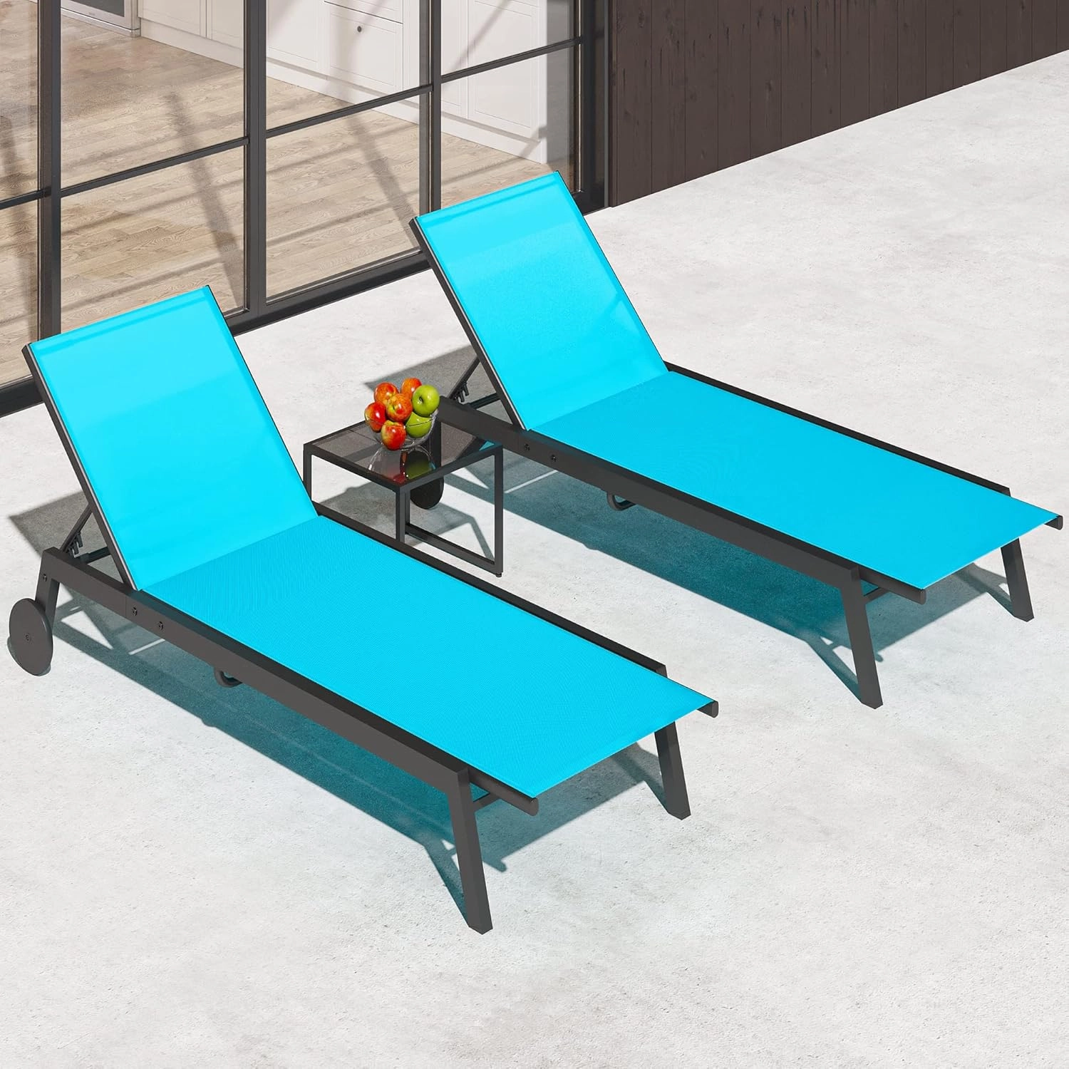 YITAHOME Outdoor Chaise Lounge Chairs Set of 3, Pool Loungers with Side Table, 5-Position Adjustable Backrest,Textile Fabric, and Wheels for Pool Beach Patio Lawn Porch - Blue