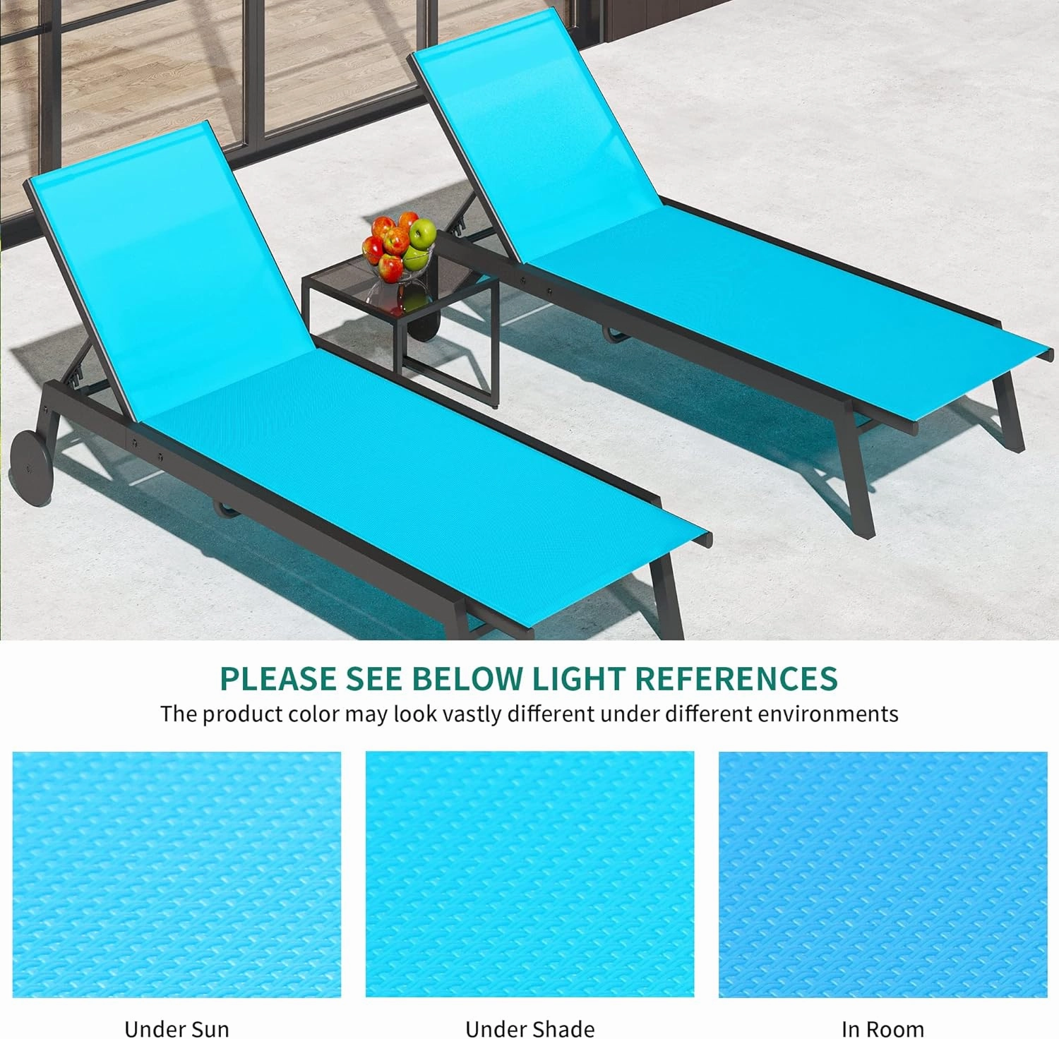 YITAHOME Outdoor Chaise Lounge Chairs Set of 3, Pool Loungers with Side Table, 5-Position Adjustable Backrest,Textile Fabric, and Wheels for Pool Beach Patio Lawn Porch - Blue
