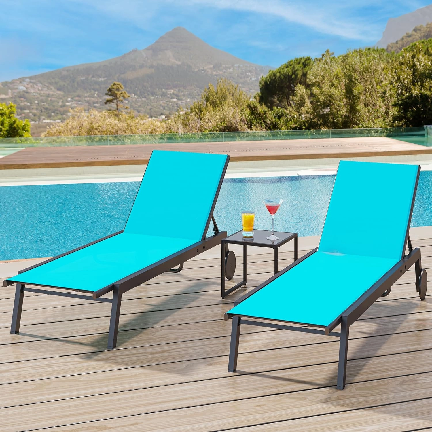 YITAHOME Outdoor Chaise Lounge Chairs Set of 3, Pool Loungers with Side Table, 5-Position Adjustable Backrest,Textile Fabric, and Wheels for Pool Beach Patio Lawn Porch - Blue