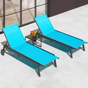 YITAHOME Outdoor Chaise Lounge Chairs Set of 3, Pool Loungers with Side Table, 5-Position Adjustable Backrest,Textile Fabric, and Wheels for Pool Beach Patio Lawn Porch - Blue
