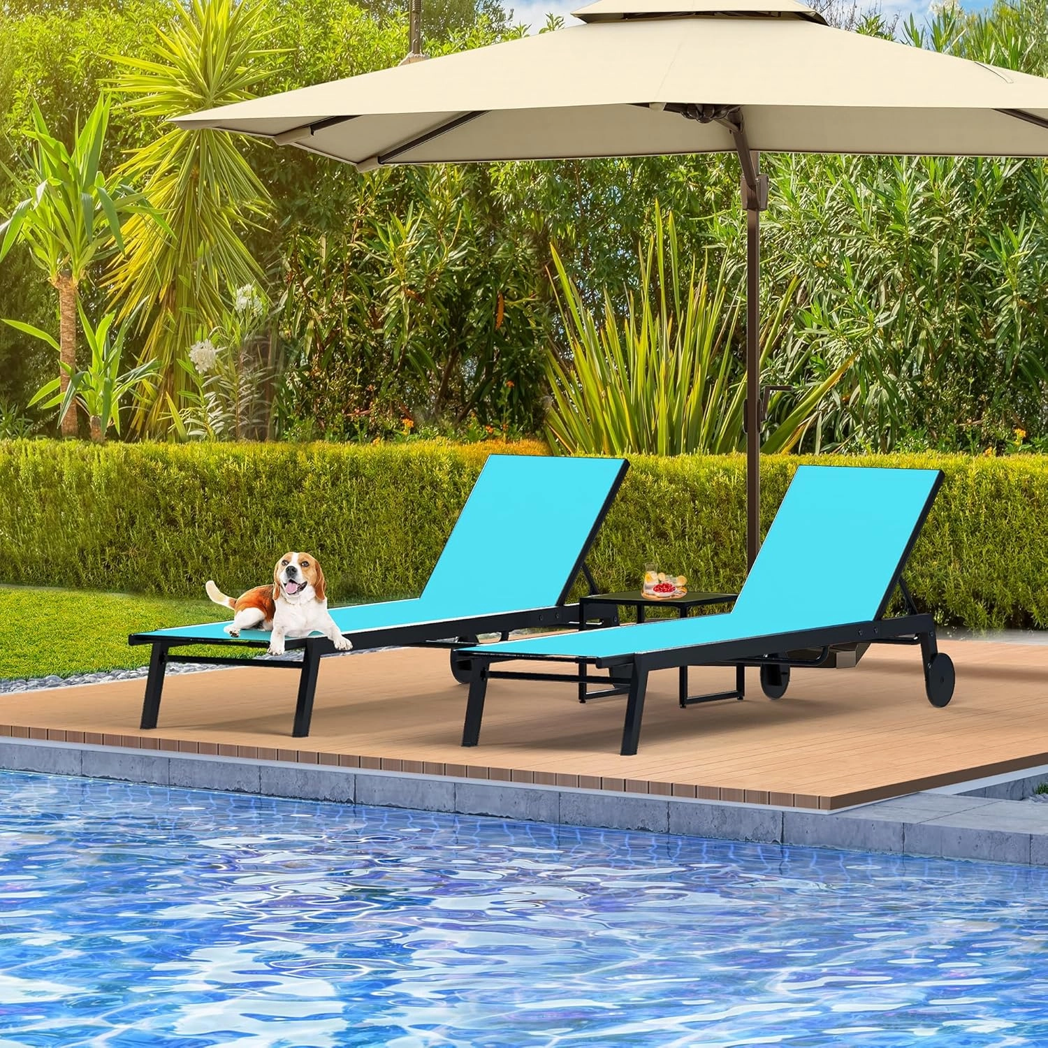YITAHOME Outdoor Chaise Lounge Chairs Set of 3, Pool Loungers with Side Table, 5-Position Adjustable Backrest,Textile Fabric, and Wheels for Pool Beach Patio Lawn Porch - Blue