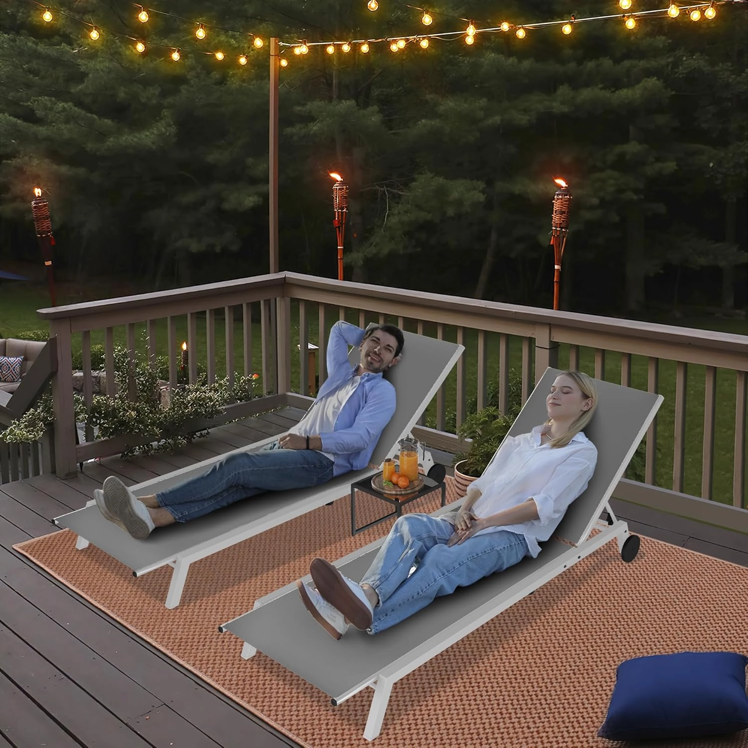 YITAHOME Outdoor Chaise Lounge Chairs Set of 3, Pool Loungers with Side Table, 5-Position Adjustable Backrest,Textile Fabric, and Wheels for Pool Beach Patio Lawn Porch - Light Grey