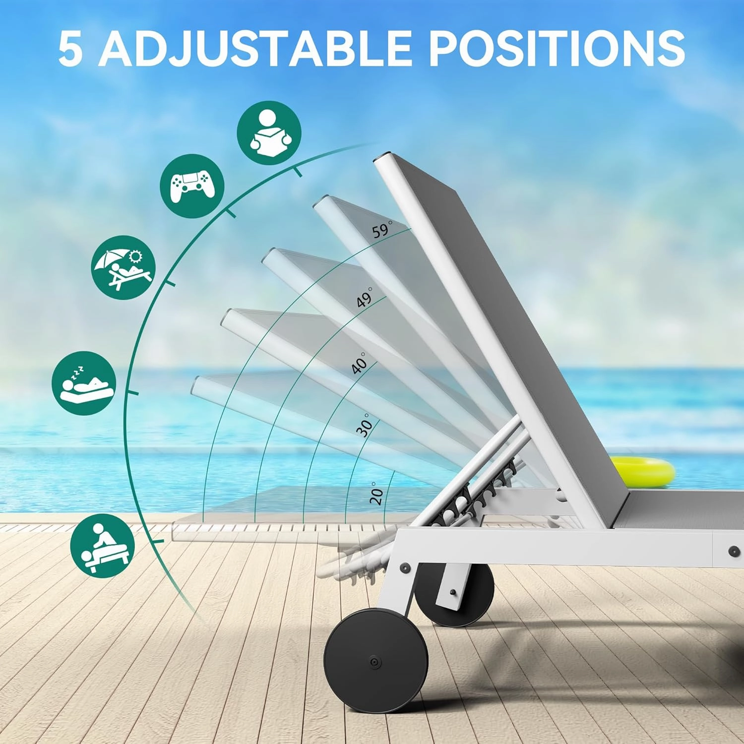 YITAHOME Outdoor Chaise Lounge Chairs Set of 3, Pool Loungers with Side Table, 5-Position Adjustable Backrest,Textile Fabric, and Wheels for Pool Beach Patio Lawn Porch - Light Grey