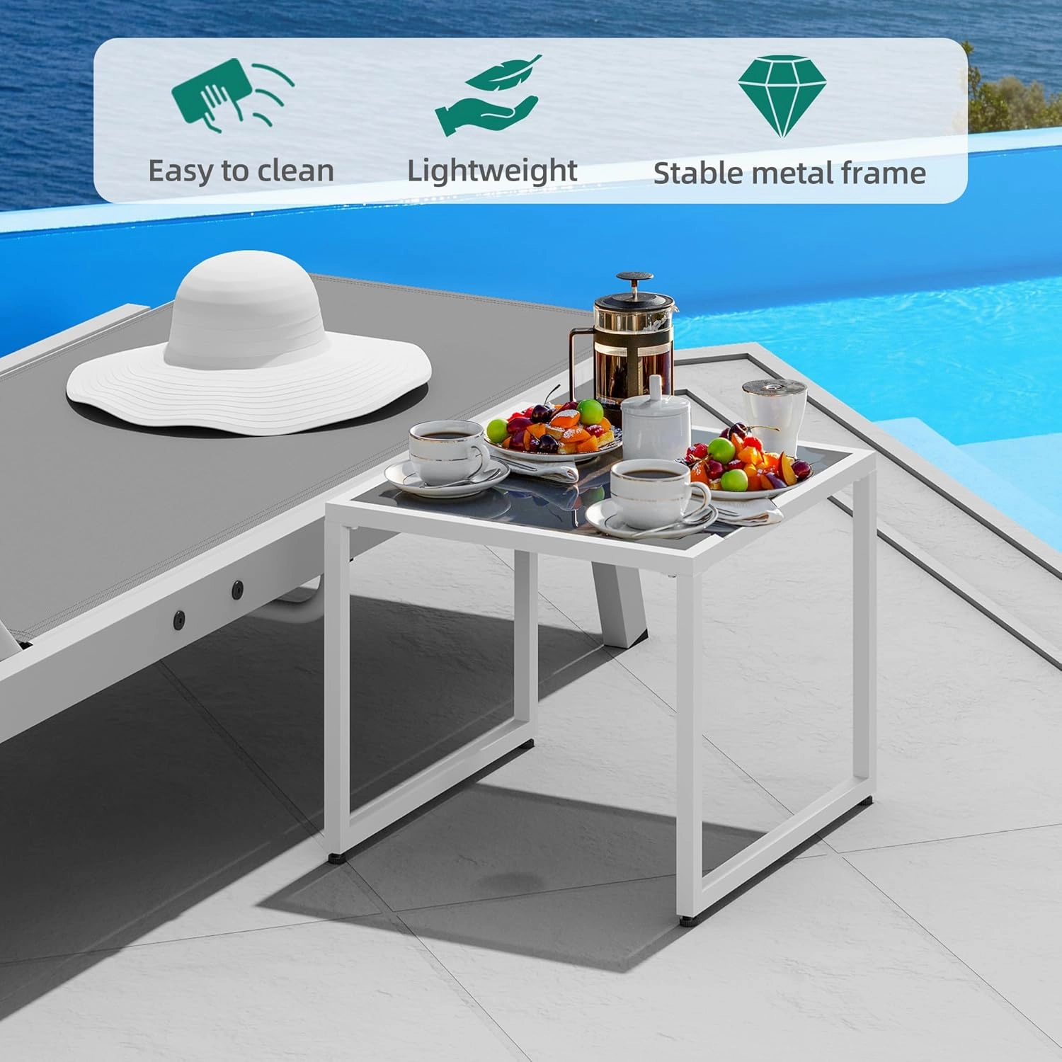 YITAHOME Outdoor Chaise Lounge Chairs Set of 3, Pool Loungers with Side Table, 5-Position Adjustable Backrest,Textile Fabric, and Wheels for Pool Beach Patio Lawn Porch - Light Grey
