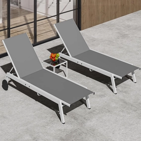 YITAHOME Outdoor Chaise Lounge Chairs Set of 3, Pool Loungers with Side Table, 5-Position Adjustable Backrest,Textile Fabric, and Wheels for Pool Beach Patio Lawn Porch - Light Grey