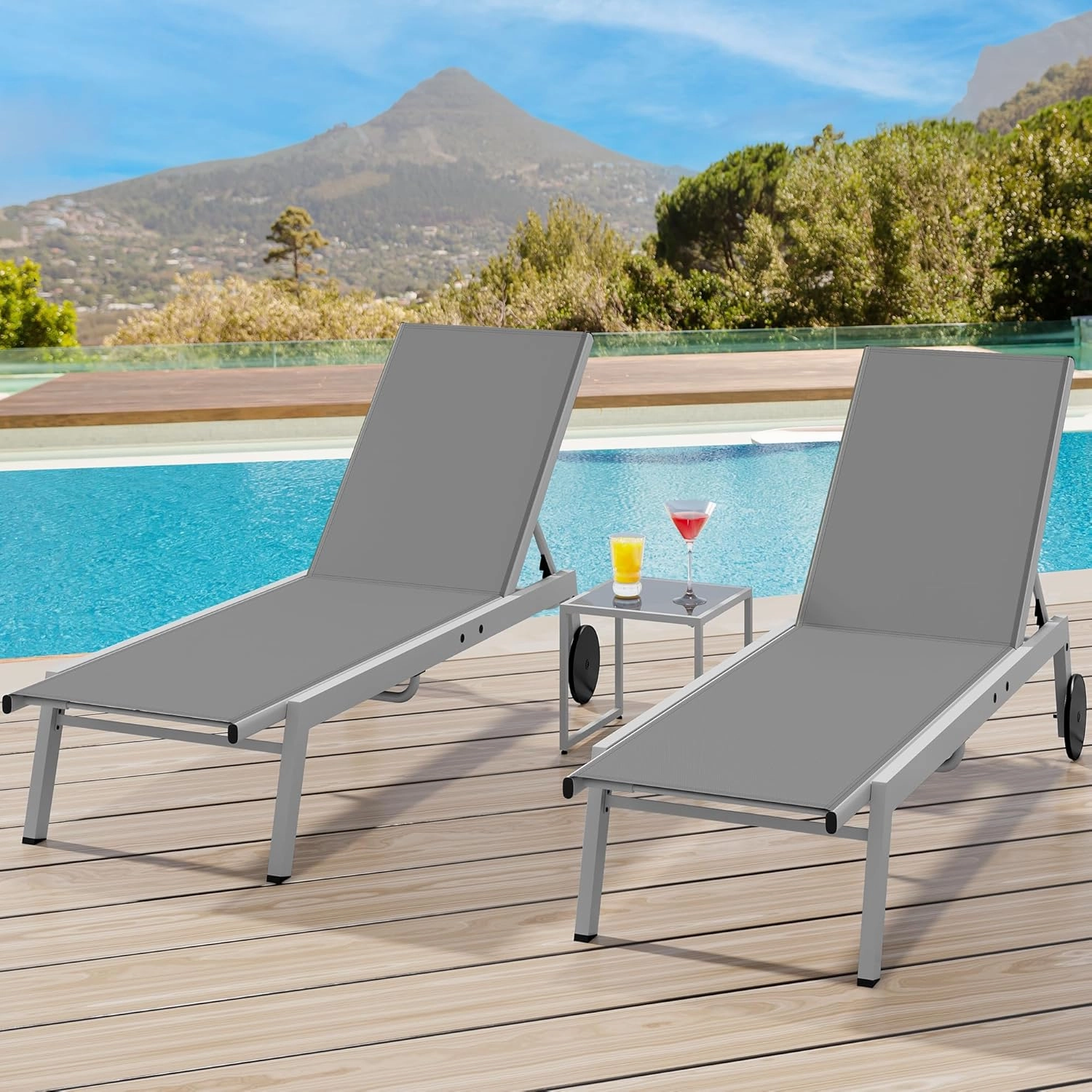 YITAHOME Outdoor Chaise Lounge Chairs Set of 3, Pool Loungers with Side Table, 5-Position Adjustable Backrest,Textile Fabric, and Wheels for Pool Beach Patio Lawn Porch - Light Grey