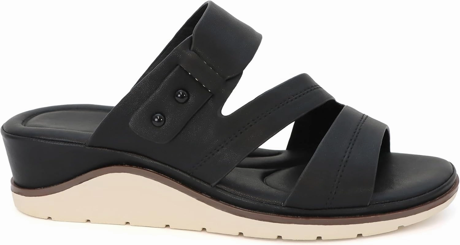 YOKI NOMI-12 Women's Comfort Double Strap Slip On Wedge Sandal, Open Toe Cushioned Footbed Sandal, Wedge Sandals for Women