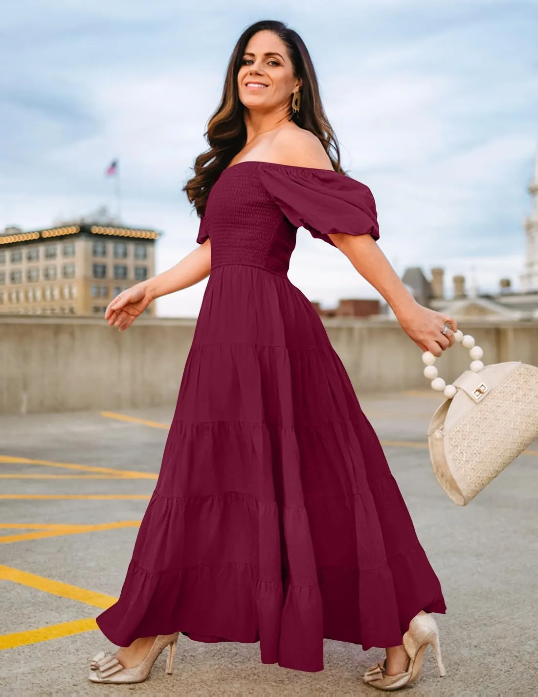 ZESICA Women's 2025 Summer Square Neck Short Puff Sleeve Solid Color High Waist Casual Smocked Flowy A Line Tiered Midi Dress